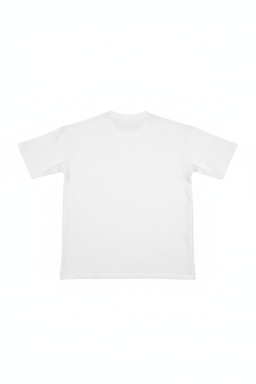 White oversized tee back view flat lay on white background