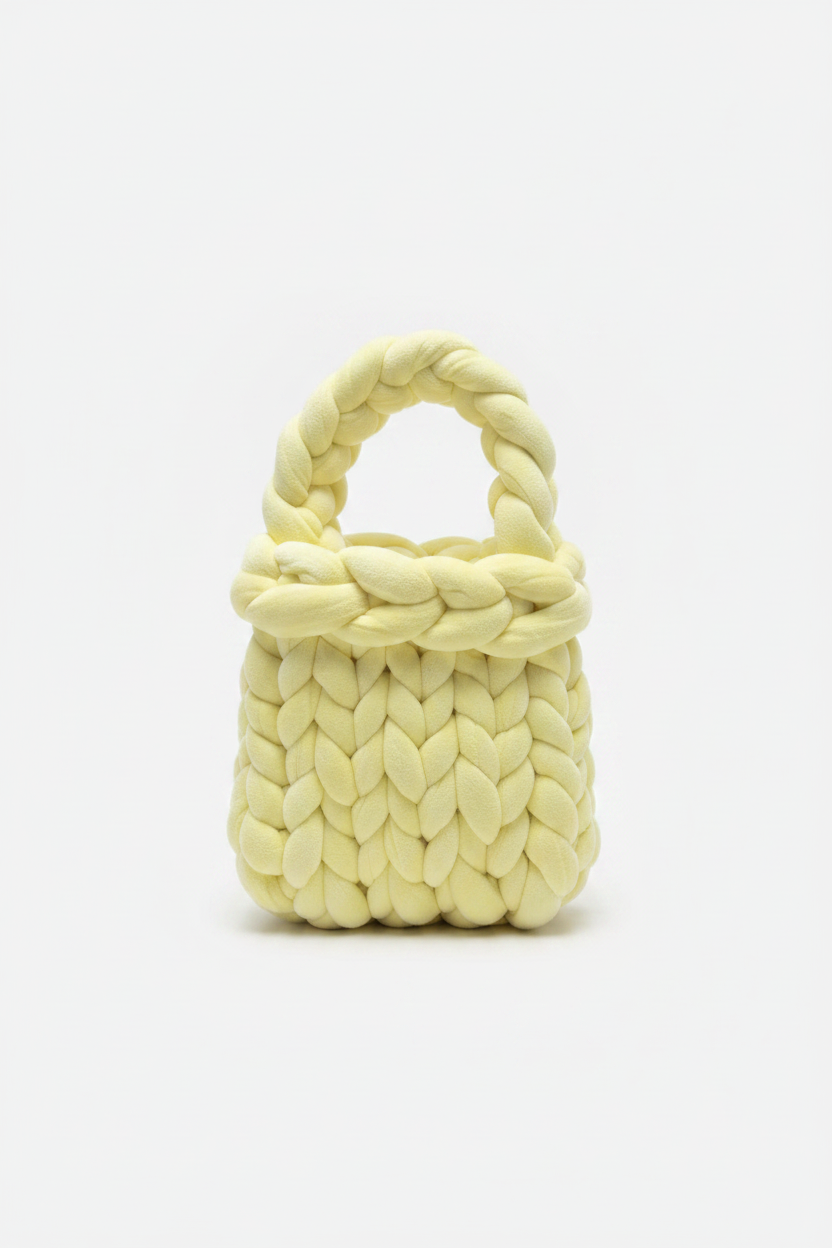 Yellow chunky braided knit bag handle view on white background