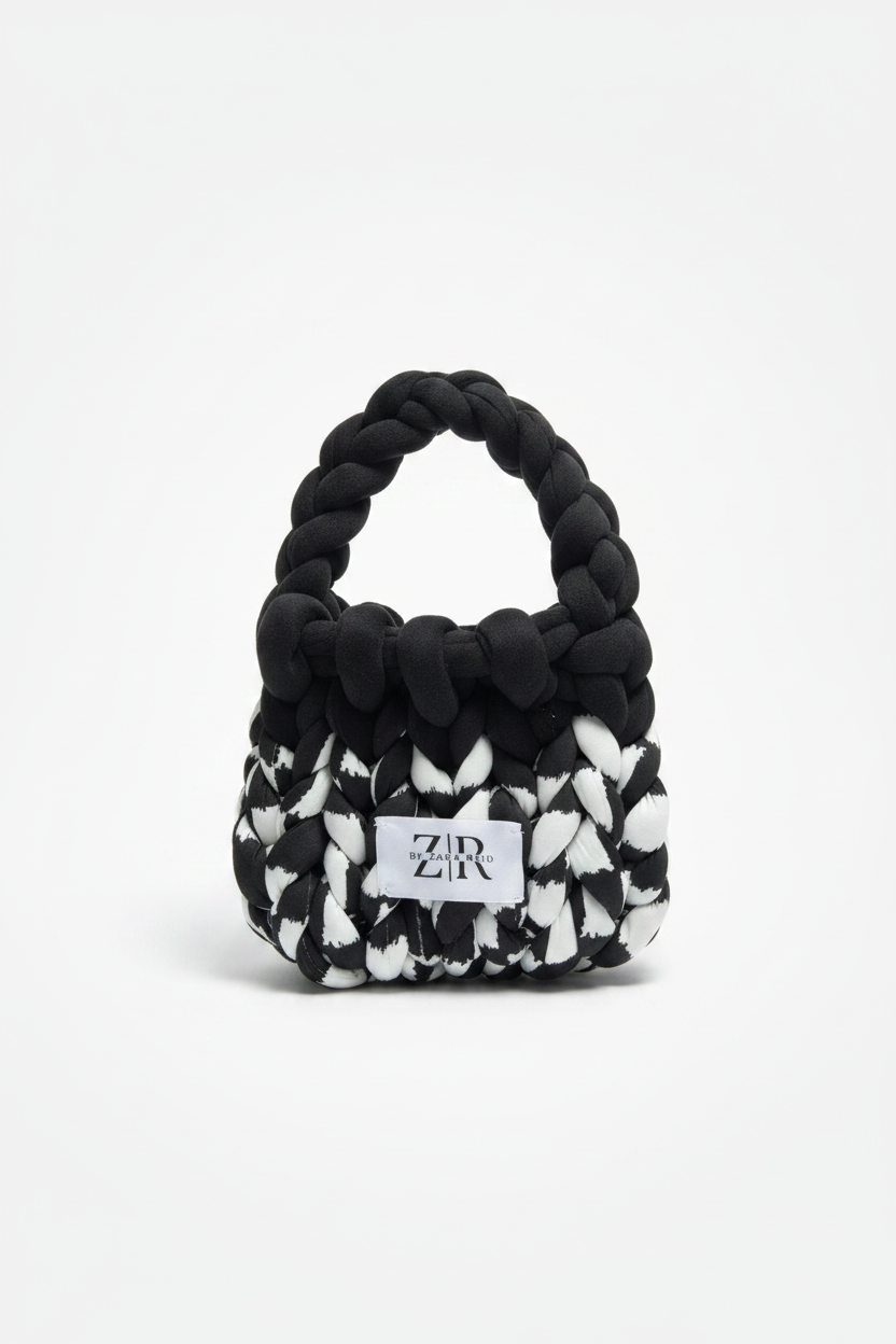 Black and white chunky braided knit bag upright with Z|R label on white background