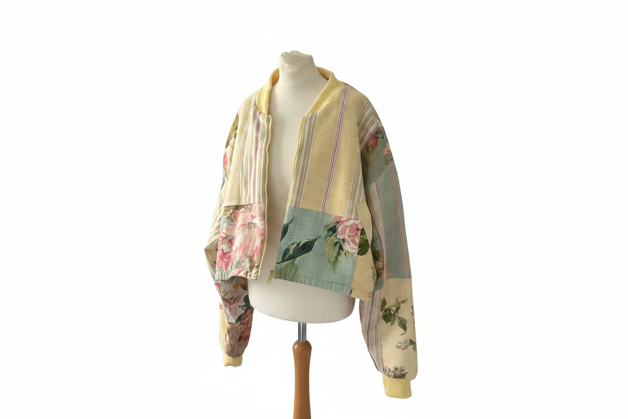 Patchwork floral bomber jacket on mannequin with white background