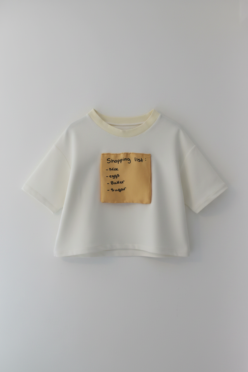Lay flat image of white oversized crop t-shirt with shopping list graphic print
