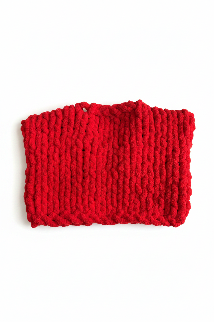 Chunky knit solid red sweater flat lay on white background