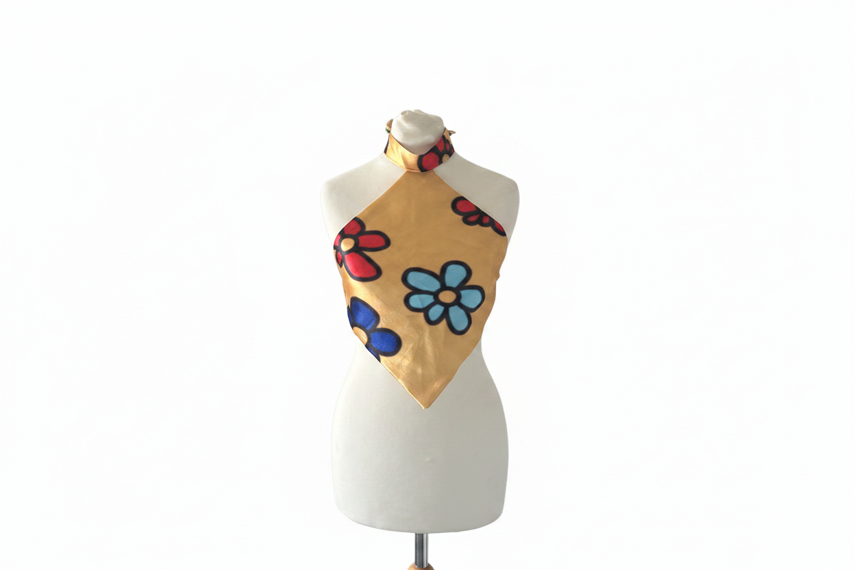 Yellow retro daisy floral halterneck scarf top on mannequin with white background