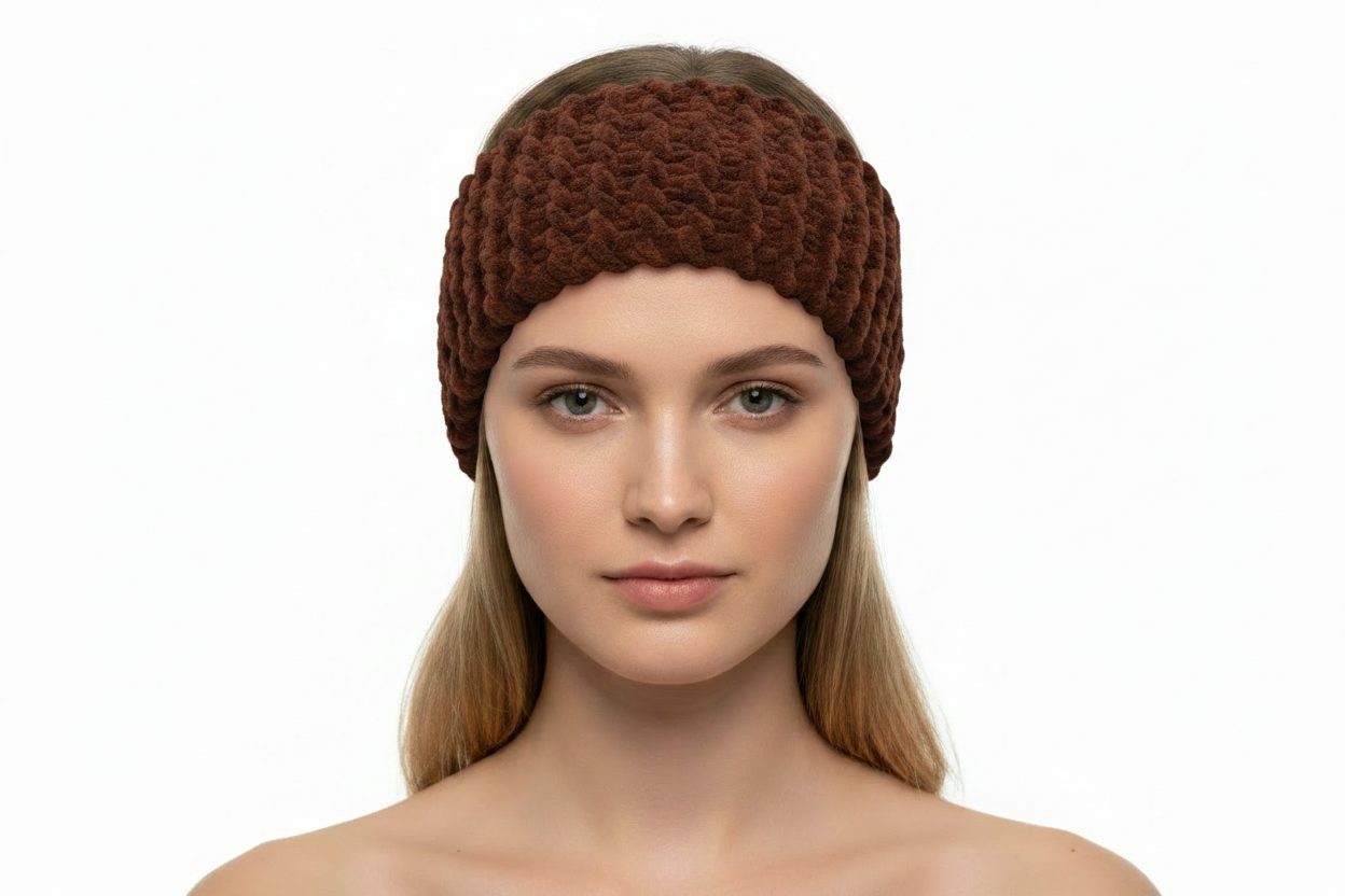 Brown knitted headband on model