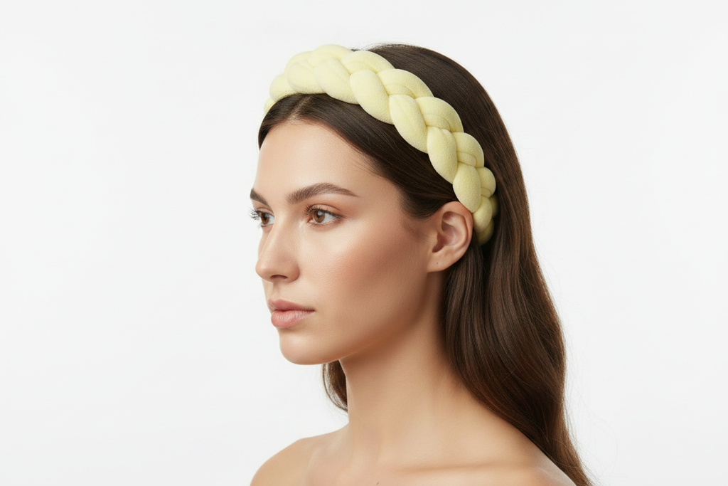 Pale yellow braided headband on model - side angle