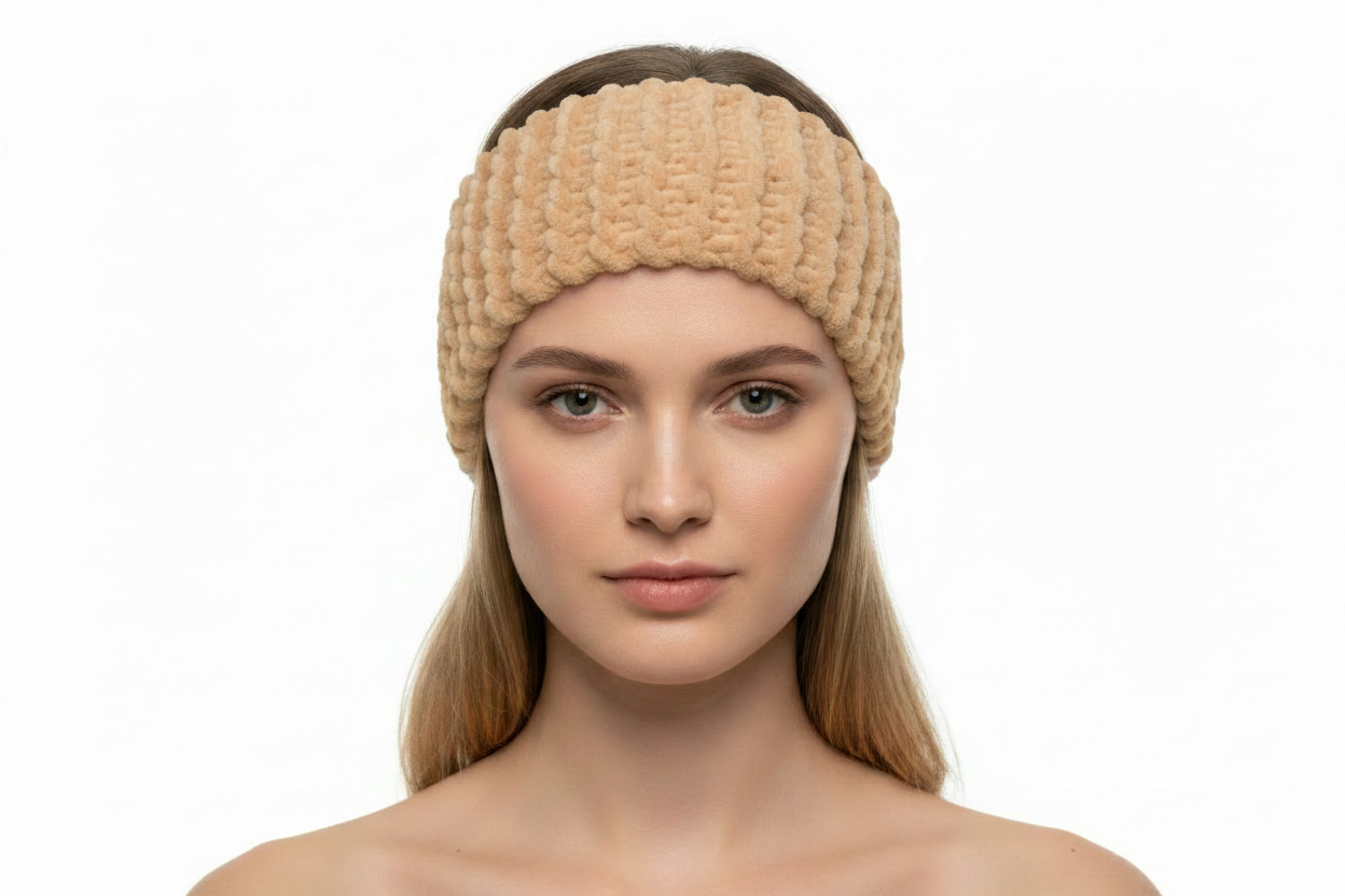 Camel knitted headband on model