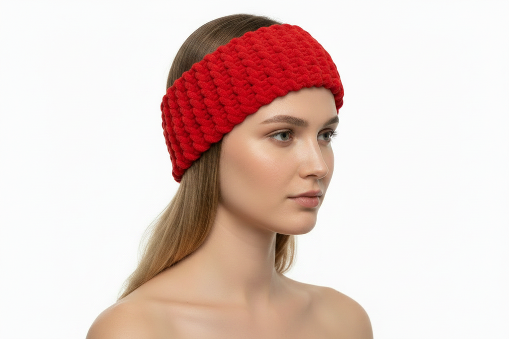 Red knitted headband on model - side angle