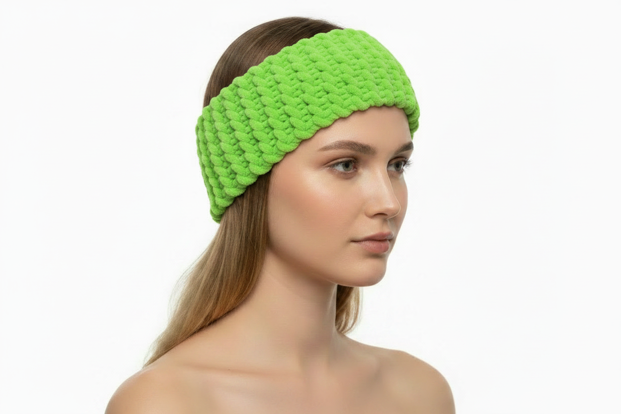 Green knitted headband on model - side angle
