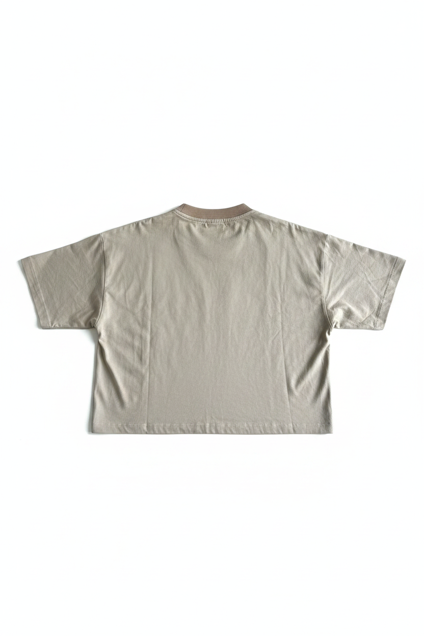 Beige boos chenille embroidered cropped tee back view flat lay on white background