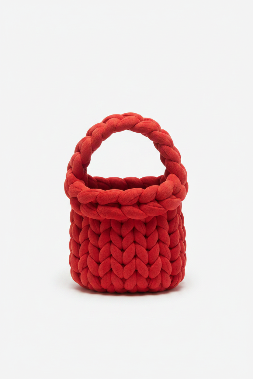Red chunky braided knit bag open top view on white background