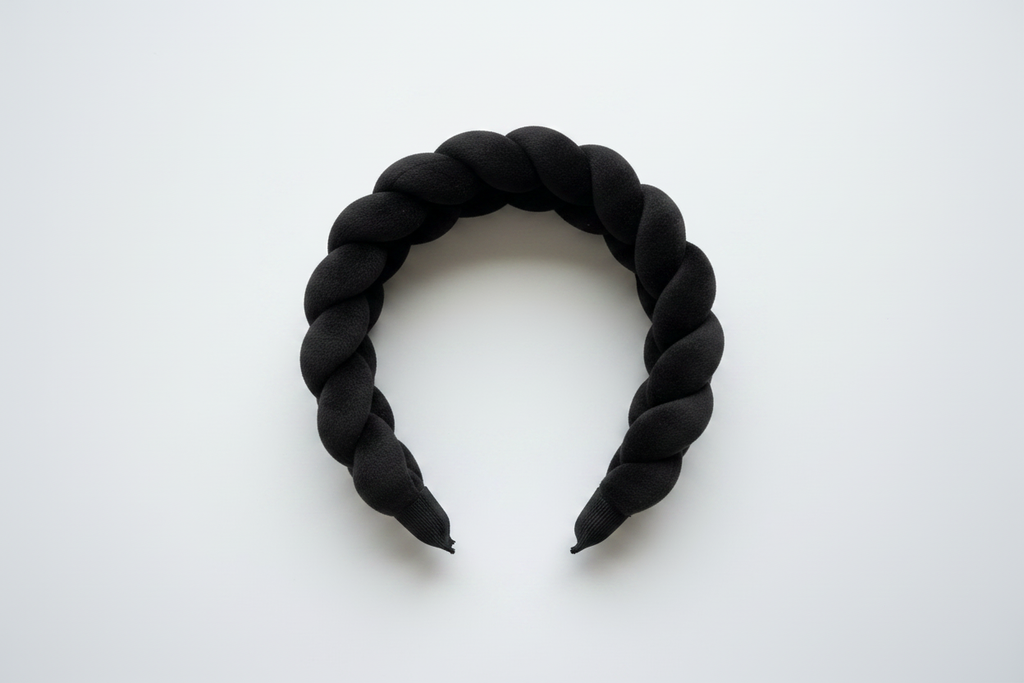 Black braided headband flat lay on white background