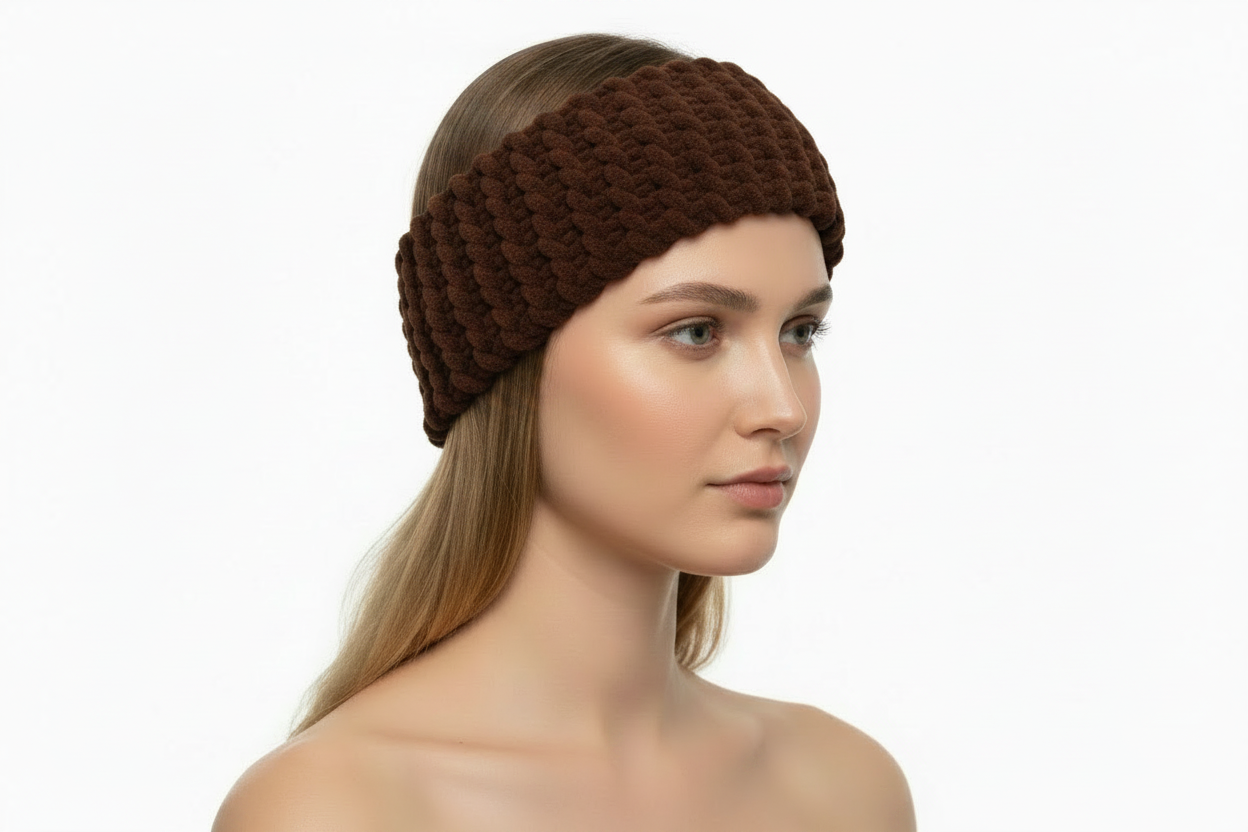 Brown knitted headband on model - side angle