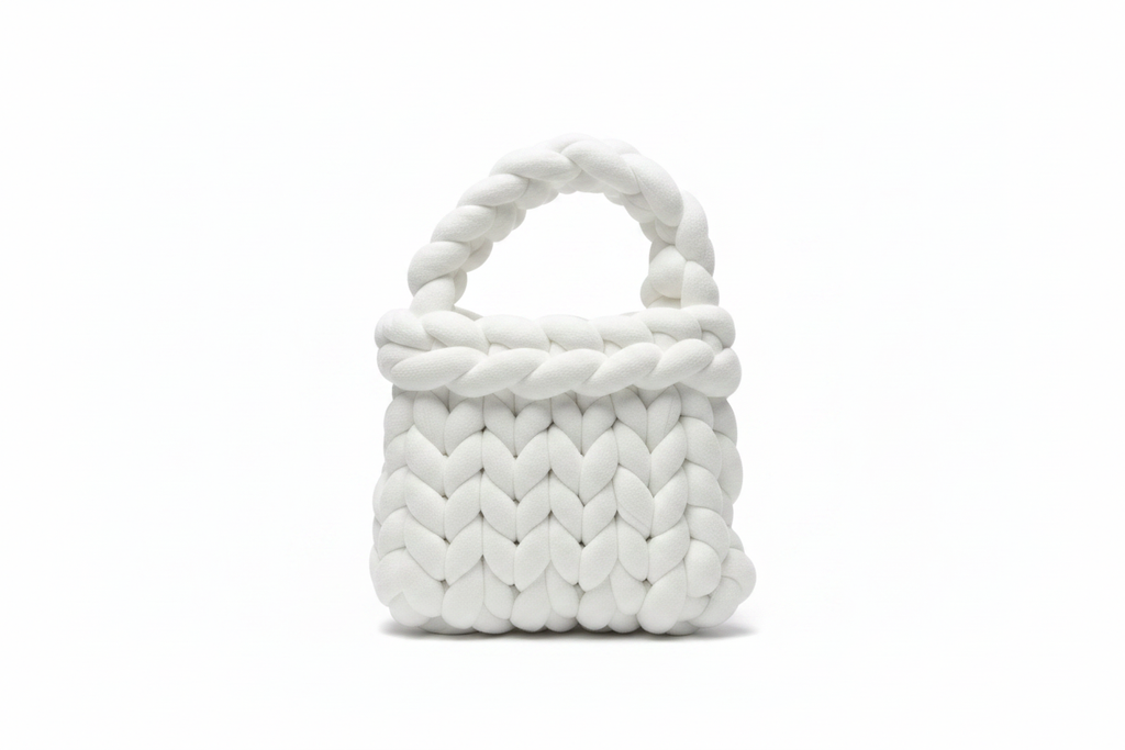 White chunky knit braided bag - back view on white background
