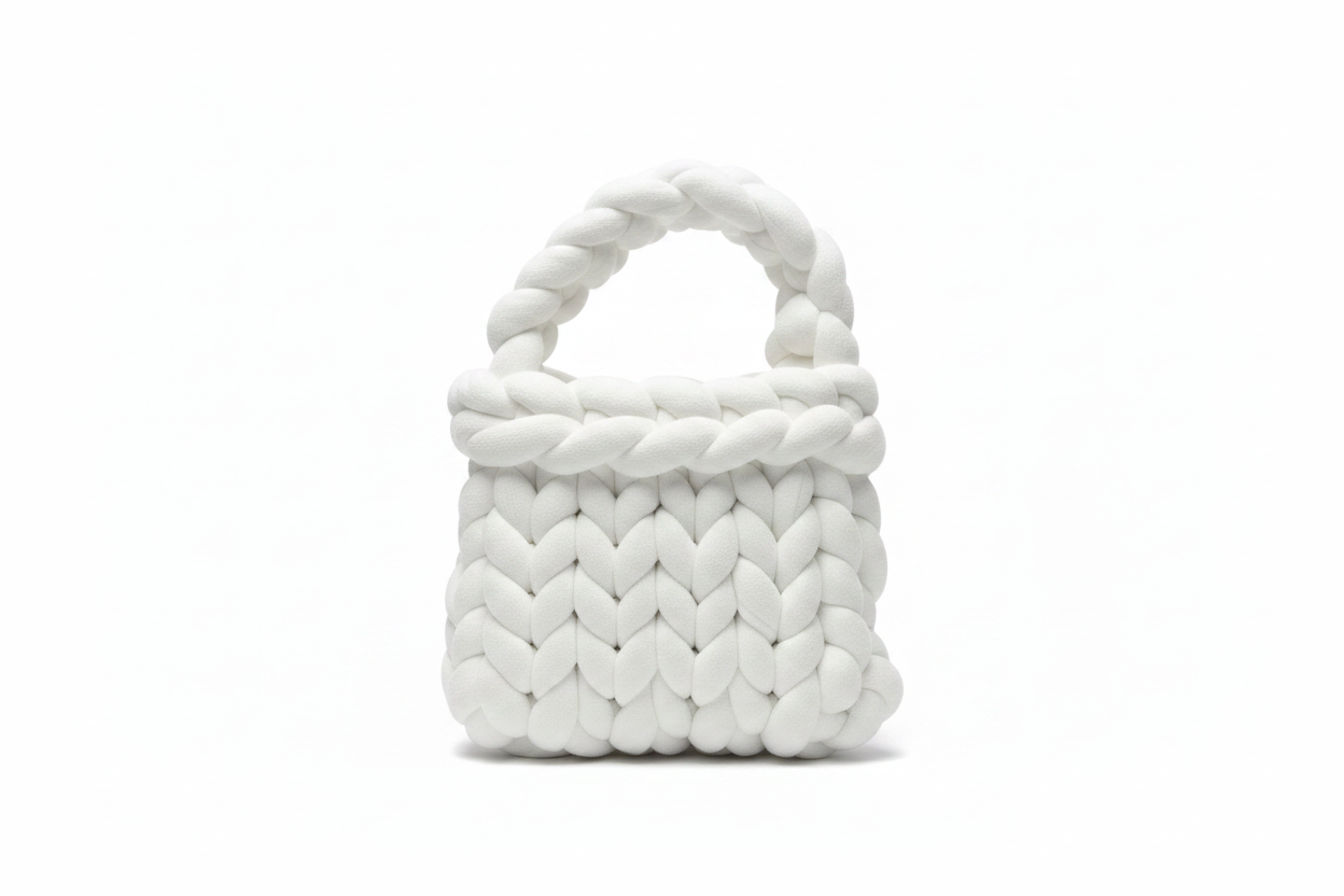 White chunky knit braided bag - back view on white background