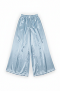 Lay flat image of pale blue satin wide-leg trousers