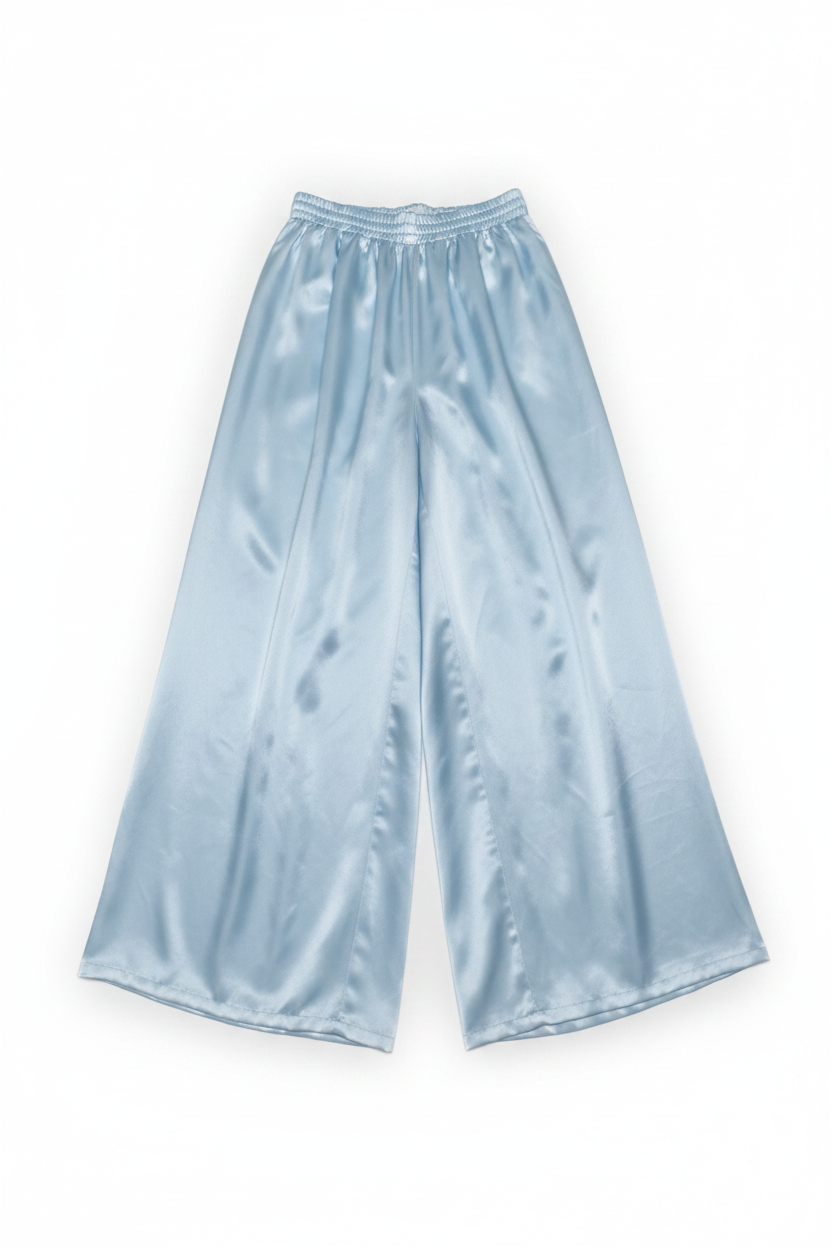 Lay flat image of pale blue satin wide-leg trousers