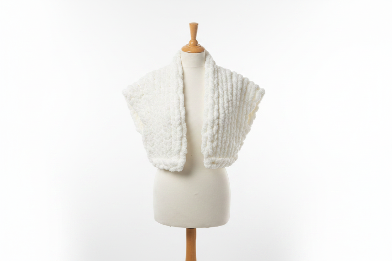White chunky knit open cardigan vest on mannequin with white background