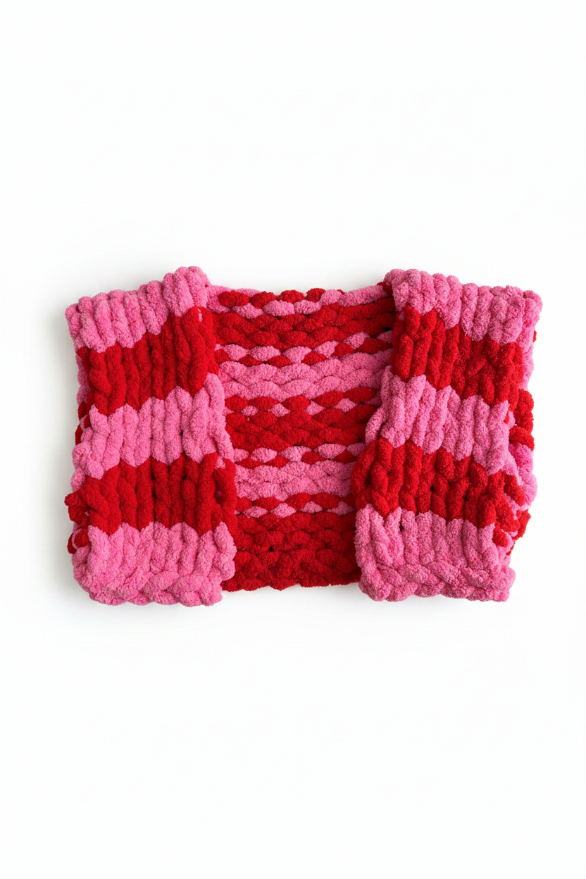Chunky knit pink and red striped sweater flat lay on white background