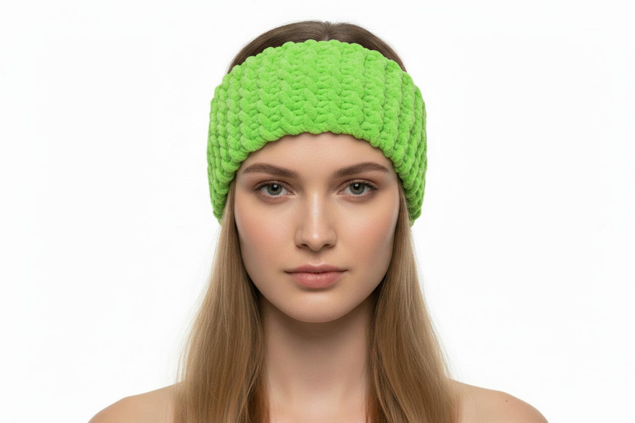 Green knitted headband on model