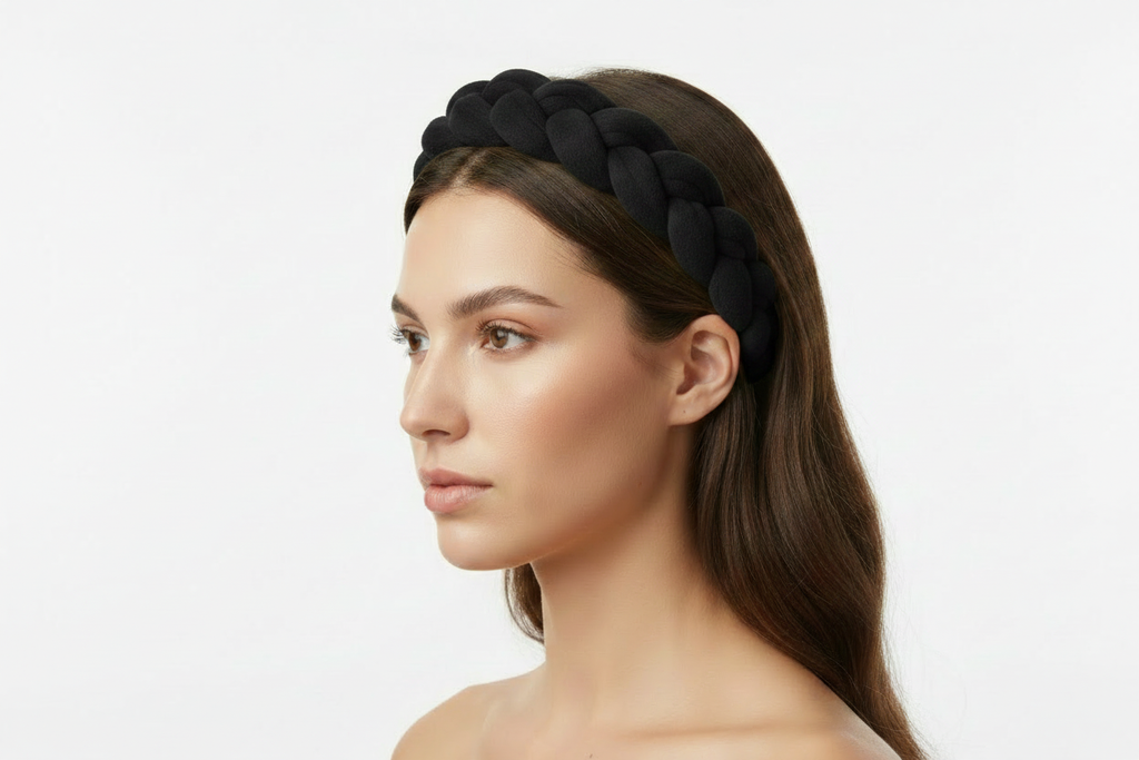 Black braided headband on model - side angle