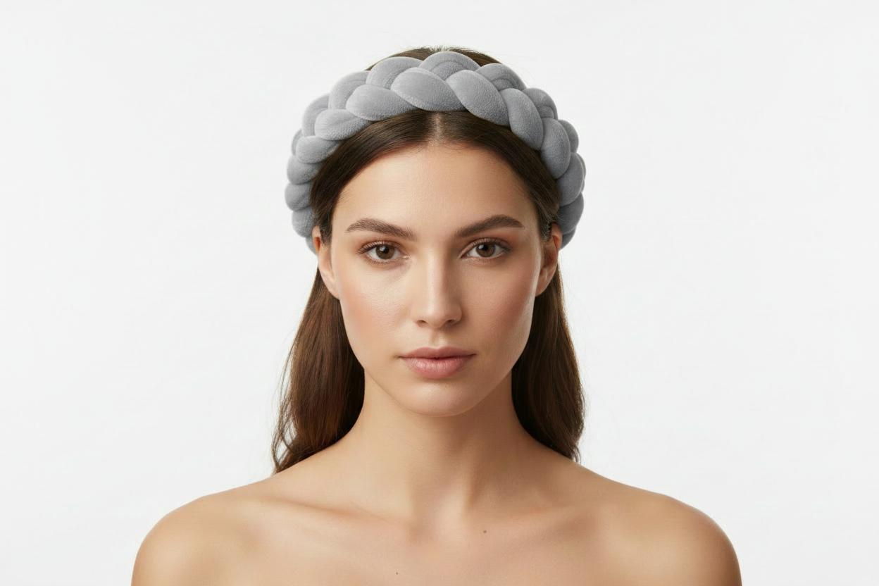 Grey braided headband on model - front