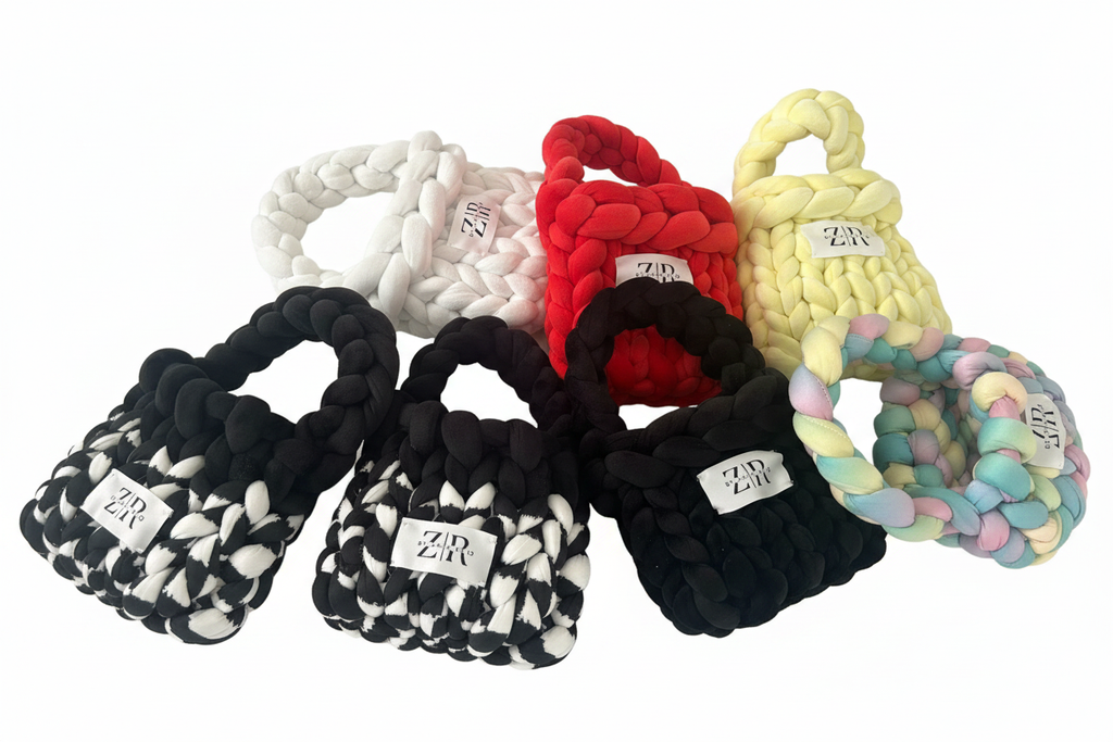 Chunky knit mini tote bags collection on white background