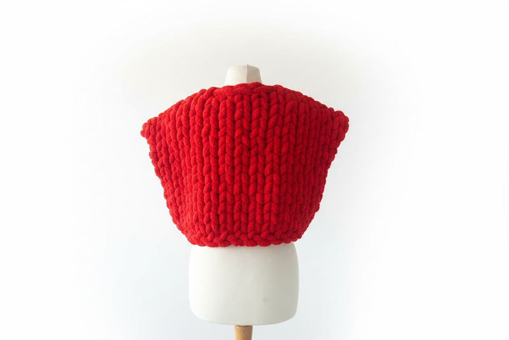 Red chunky knit cardigan vest back view on mannequin with white background