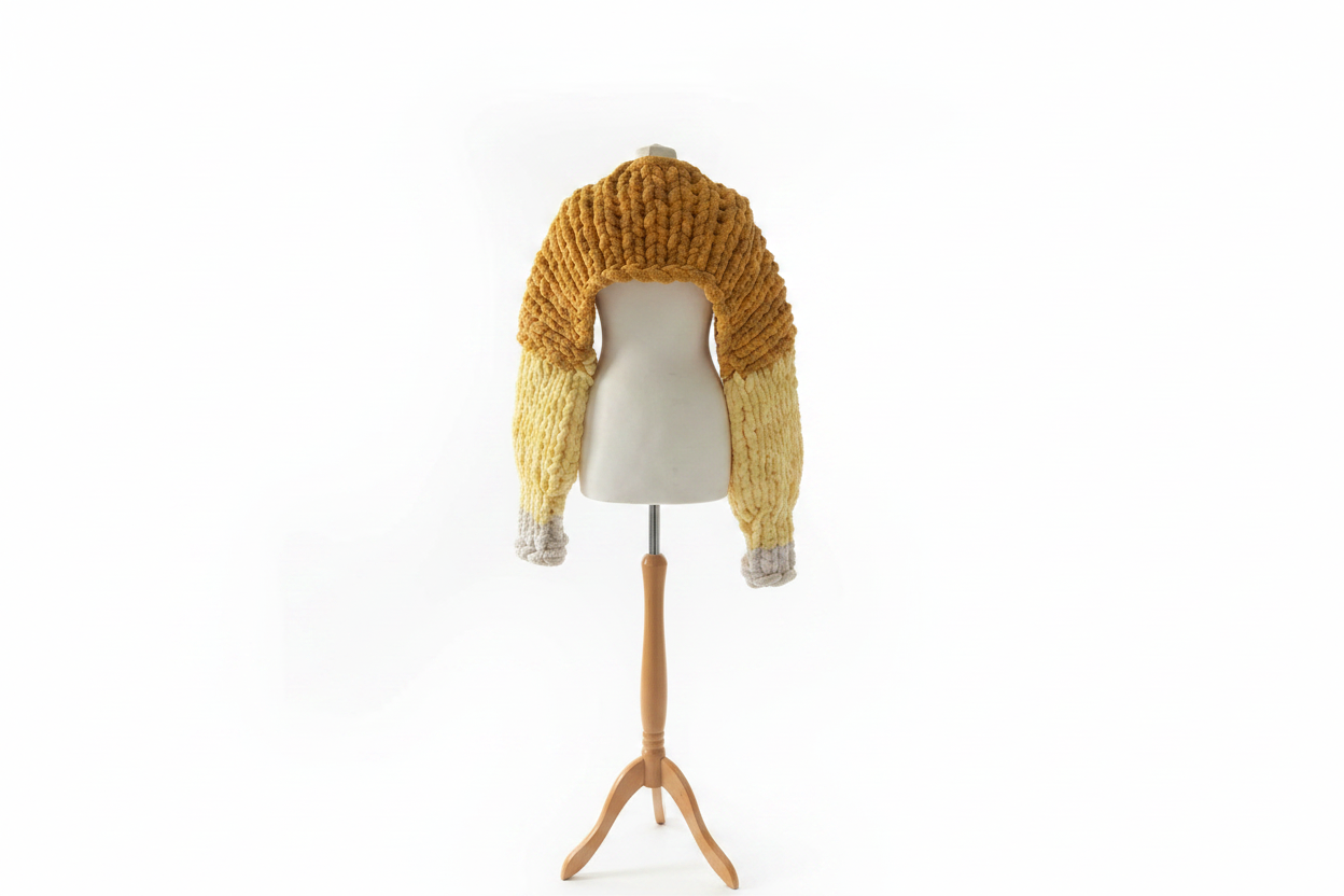 Mustard yellow chunky hand-knit open cardigan back view on mannequin with white background