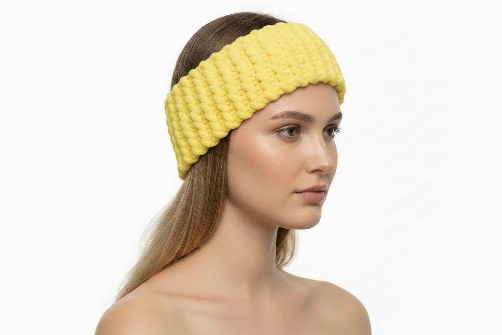 Yellow knitted headband on model - side angle