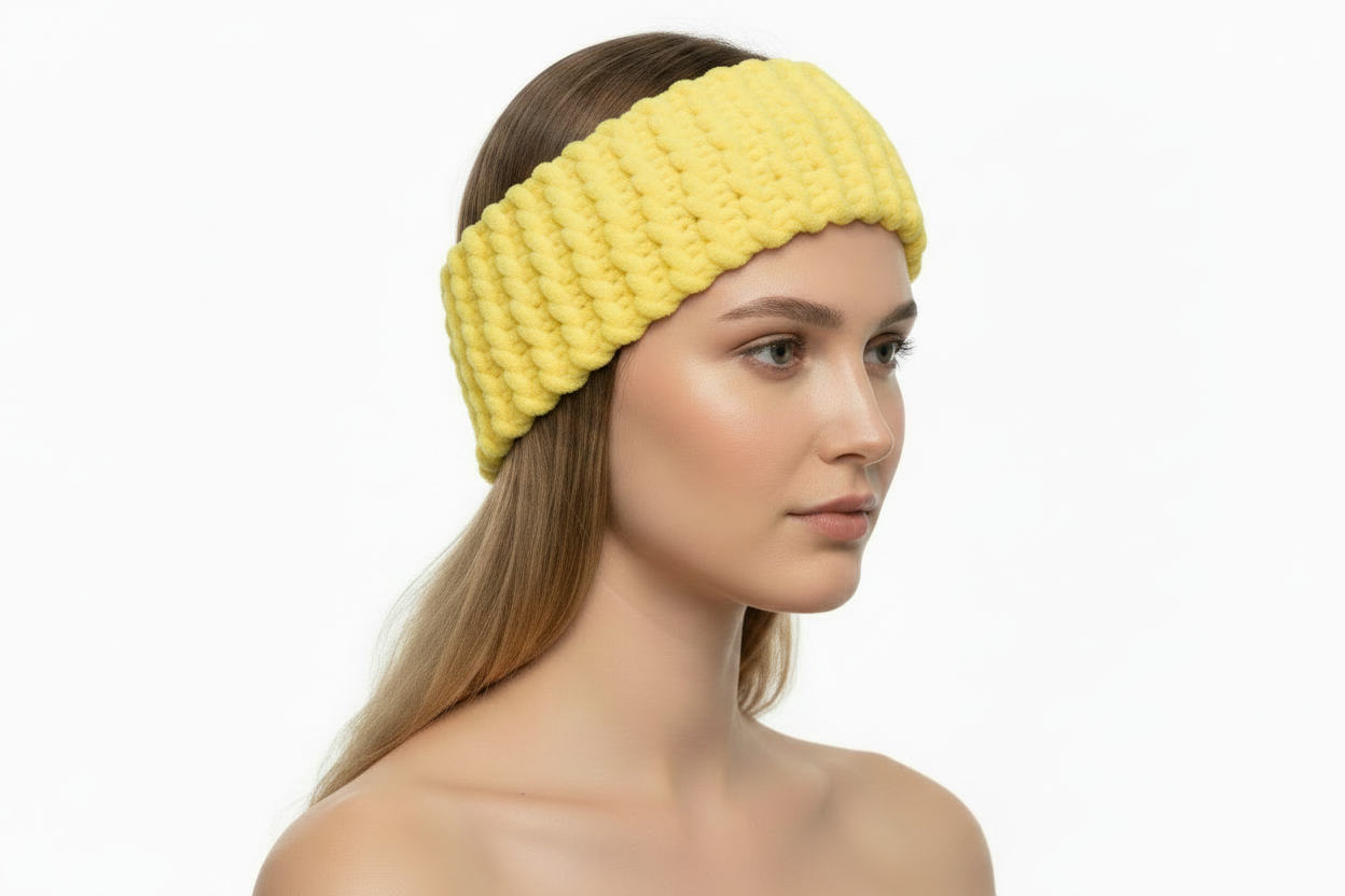 Yellow knitted headband on model - side angle