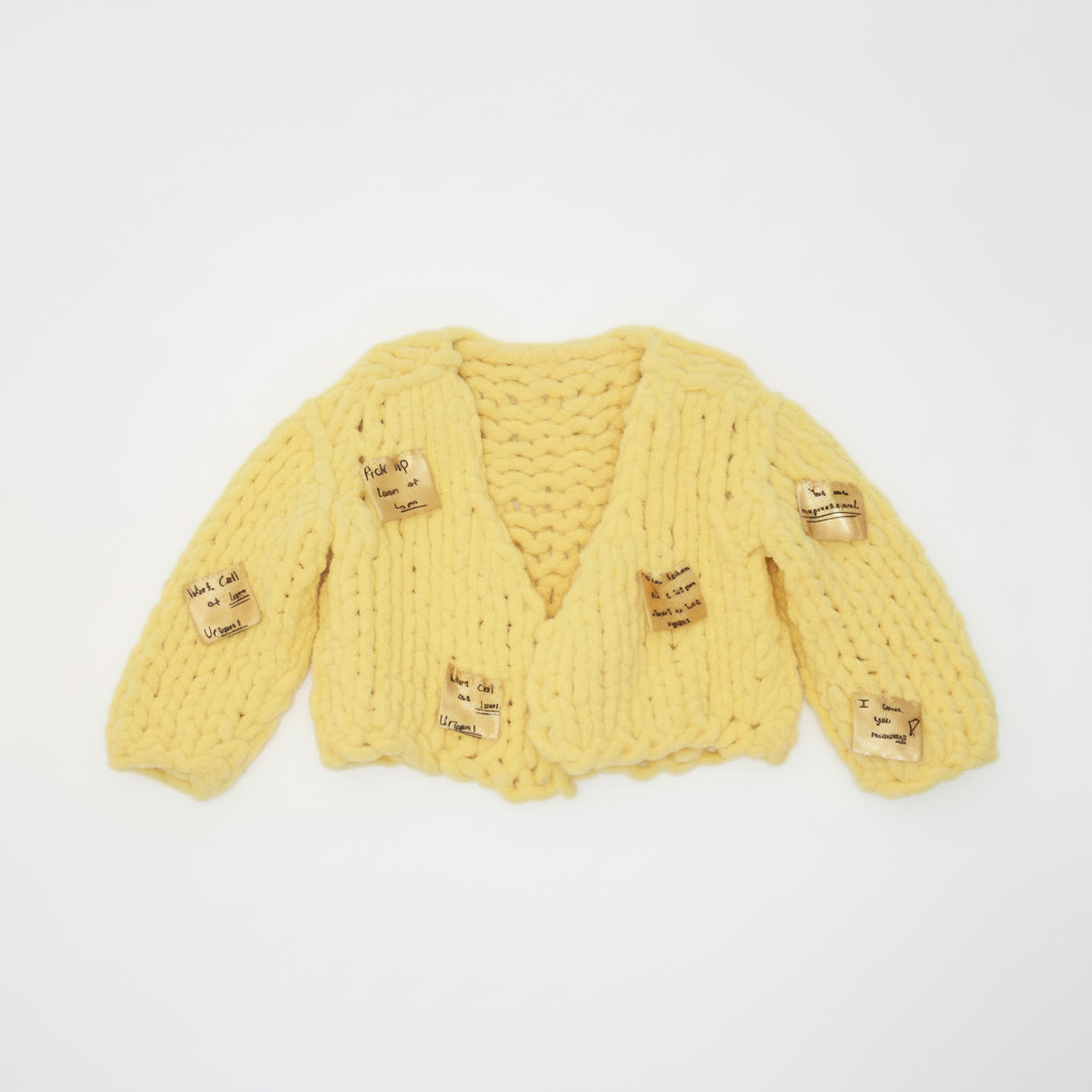 Post It Note Cardigan lay flat on white background