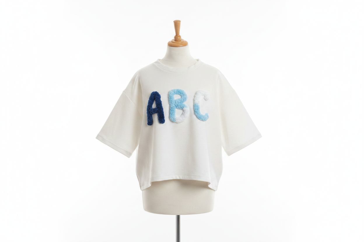 White oversized t-shirt with blue ABC appliqué on mannequin with white background