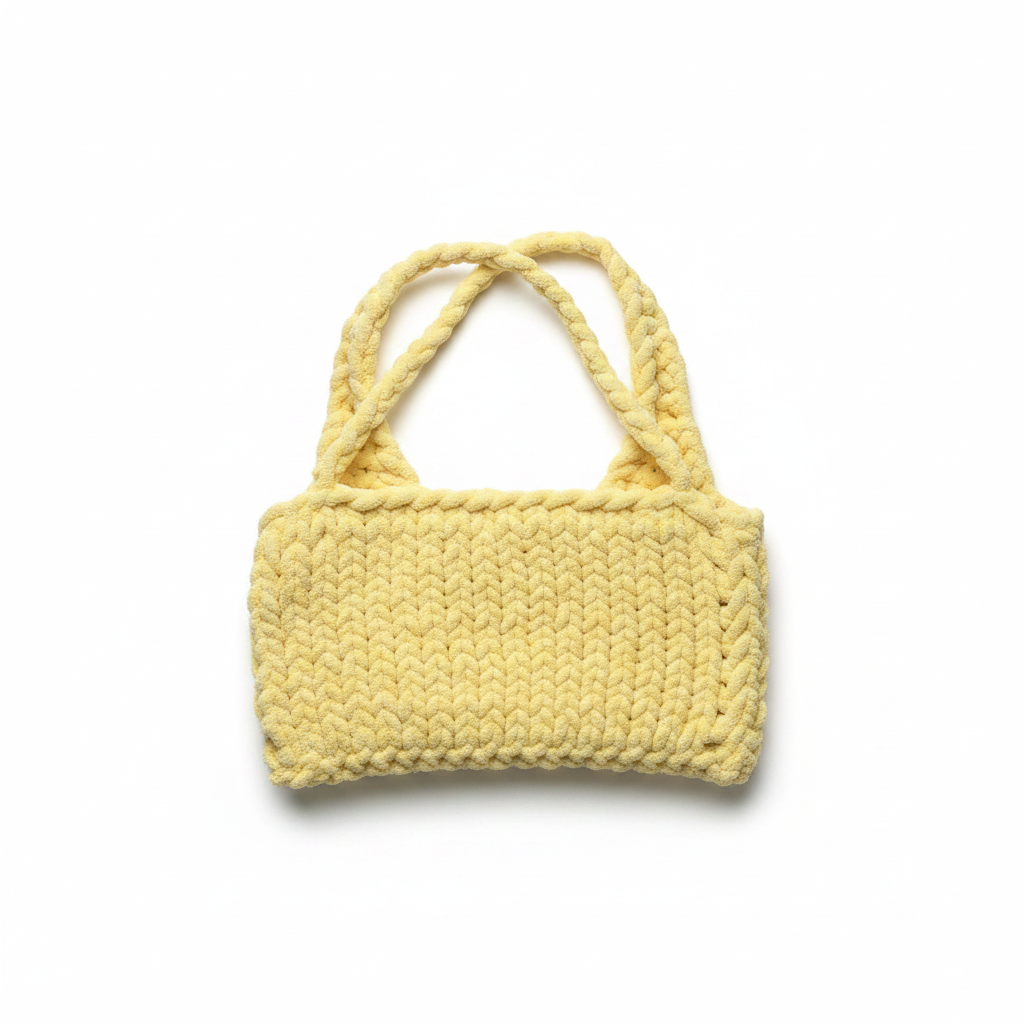 Yellow chunky knit crochet handbag back view on white background